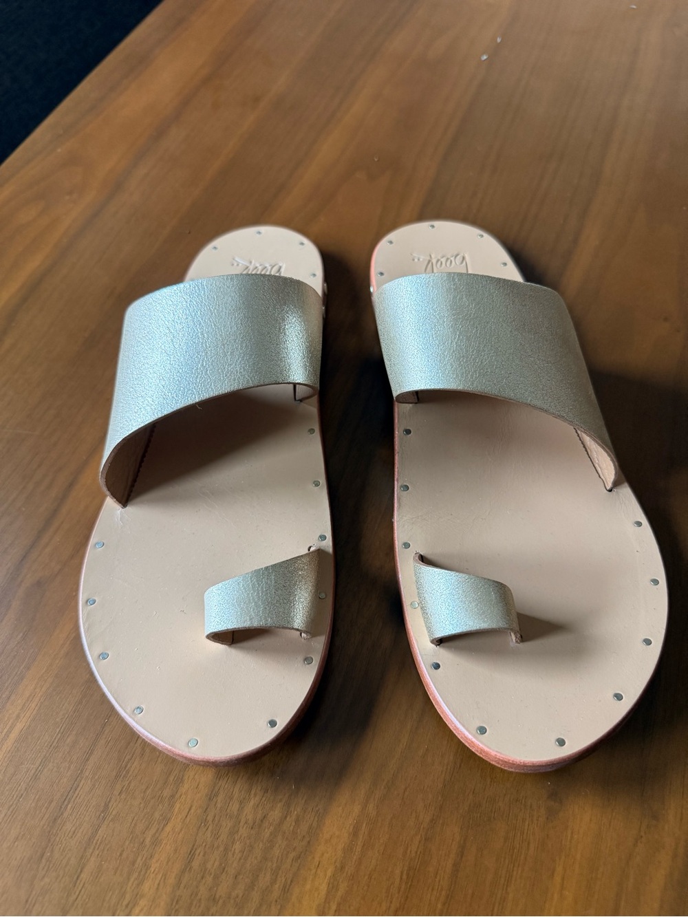 beek Metallic Champagne Slide Sandals with Toe Loop Strap